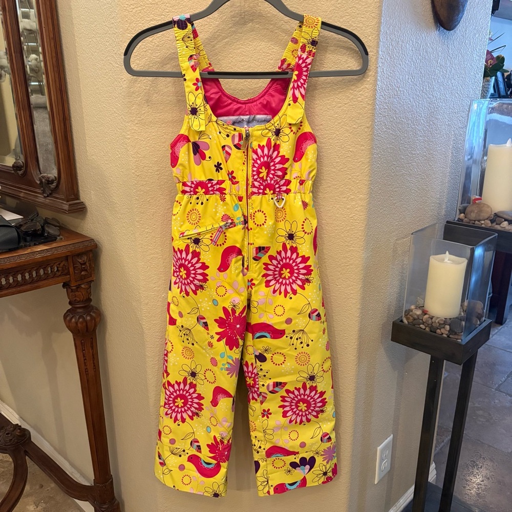 Obermeyer Girls Kids Pink Yellow Floral Bird Print Snoverall Ski Pants Size 5Y